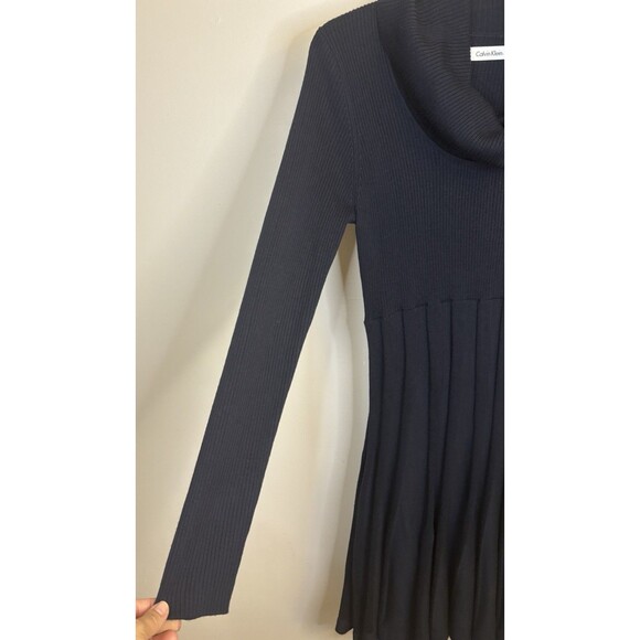 CALVIN KLEIN Fit & Flare Cowlneck Navy Sweater Dress Women Medium Ribbed Pleats - Picture 5 of 10